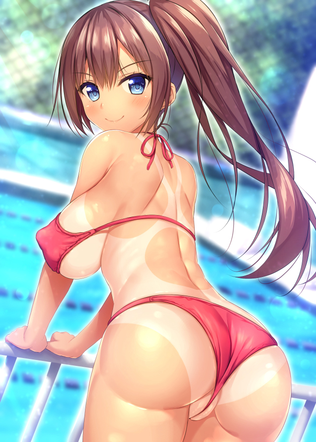 aikawa_tatsuki ass bangs bikini blue_eyes blurry blurry_background blush breasts brown_hair commentary_request day dutch_angle eyebrows_visible_through_hair leaning_forward leaning_on_rail looking_at_viewer looking_back one-piece_tan original outdoors pool pussy railing red_bikini school_uniform side_ponytail sideboob sidelocks smile solo standing swimsuit tan tanline