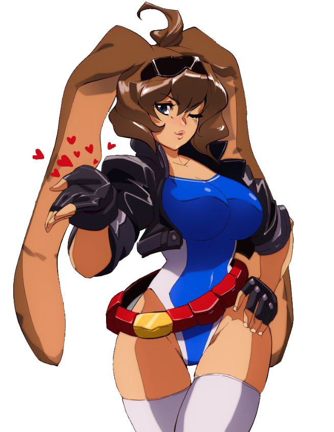 90s ahoge animal_ears babs_(battle_athlete) belt blown_kiss blue_eyes blue_swimsuit borrowed_character breasts brown_hair bunny_ears commentary commission competition_swimsuit cowboy_shot cropped_jacket curvy david_liu eyebrows_visible_through_hair eyewear_on_head fingerless_gloves gloves grey_legwear hair_between_eyes hand_on_hip heart huge_ahoge jacket large_breasts leather leather_jacket lips loose_belt lossy-lossless mascot one-piece_swimsuit one_eye_closed original short_hair sleeves_rolled_up solo sunglasses swimsuit thigh_gap thighhighs transparent_background