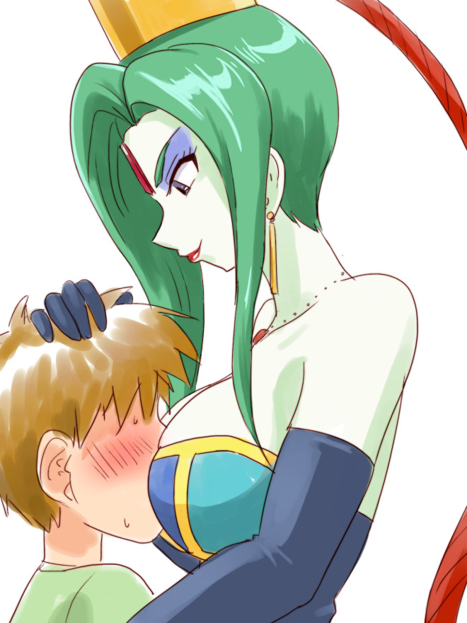 age_difference atsugessho bishoujo_senshi_sailor_moon blue_eyes blush breast_smother breasts brown_hair cleavage faceless faceless_male forehead_jewel gloves green_hair green_skin jewelry lipstick long_hair makeup necklace ponytail supon white_background
