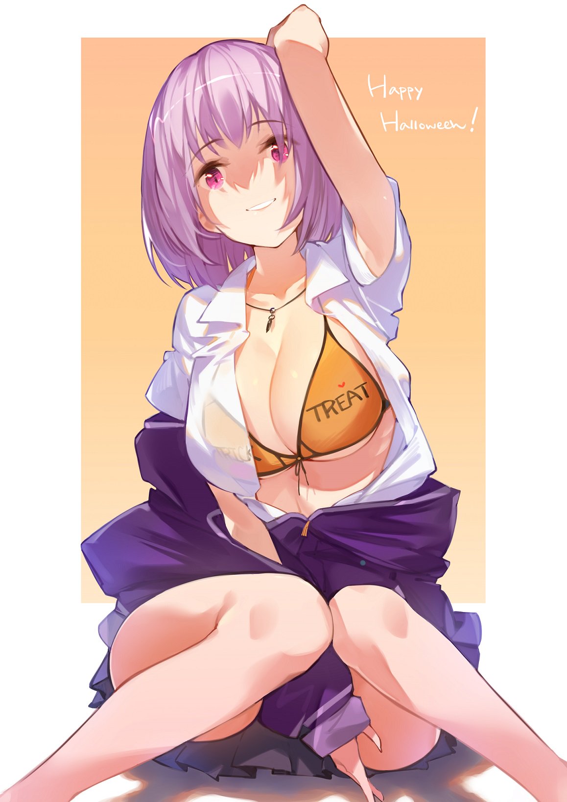 :d arm_behind_head armpit_peek arms_up collarbone collared_shirt commentary_request halloween hana_mori happy_halloween heart highres hood hoodie jewelry long_sleeves looking_at_viewer necklace open_mouth orange_bikini_top pleated_skirt purple_eyes purple_hair school_uniform shinjou_akane shirt short_hair short_sleeves sitting skirt smile solo ssss.gridman text_focus trick_or_treat unbuttoned unbuttoned_shirt