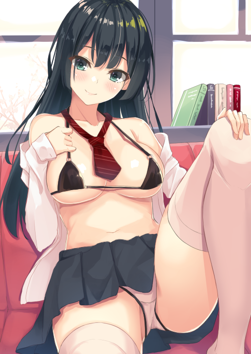 aqua_eyes bangs bikini bikini_under_clothes black_bikini_top black_hair black_skirt blush book breasts closed_mouth collarbone commentary_request couch eyebrows_visible_through_hair hand_on_own_chest hand_on_own_knee hatsu_(first_snow) head_tilt indoors knee_up large_breasts lipstick long_hair long_sleeves looking_at_viewer makeup mismatched_bikini navel necktie on_couch open_clothes open_shirt original pink_lips pleated_skirt red_neckwear school_uniform shirt skirt sleeve_cuffs smile solo stomach strap_gap string_bikini swimsuit thighhighs upskirt white_bikini_bottom white_hair white_shirt window