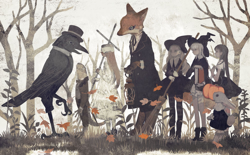 animal ankle_boots autumn autumn_leaves bare_tree bird black_dress blindfold blonde_hair book boots bow bowtie broom brown_hair bunny clothed_animal coat crow dress forest formal fox from_side furry grass halloween hat holding holding_book holding_broom holding_cross lantern lizard long_hair long_sleeves looking_at_another multiple_girls muted_color nature neck_ribbon original outdoors pantyhose profile pumpkin ribbon rt0no sepia short_sleeves standing striped striped_legwear tree white_dress witch_hat