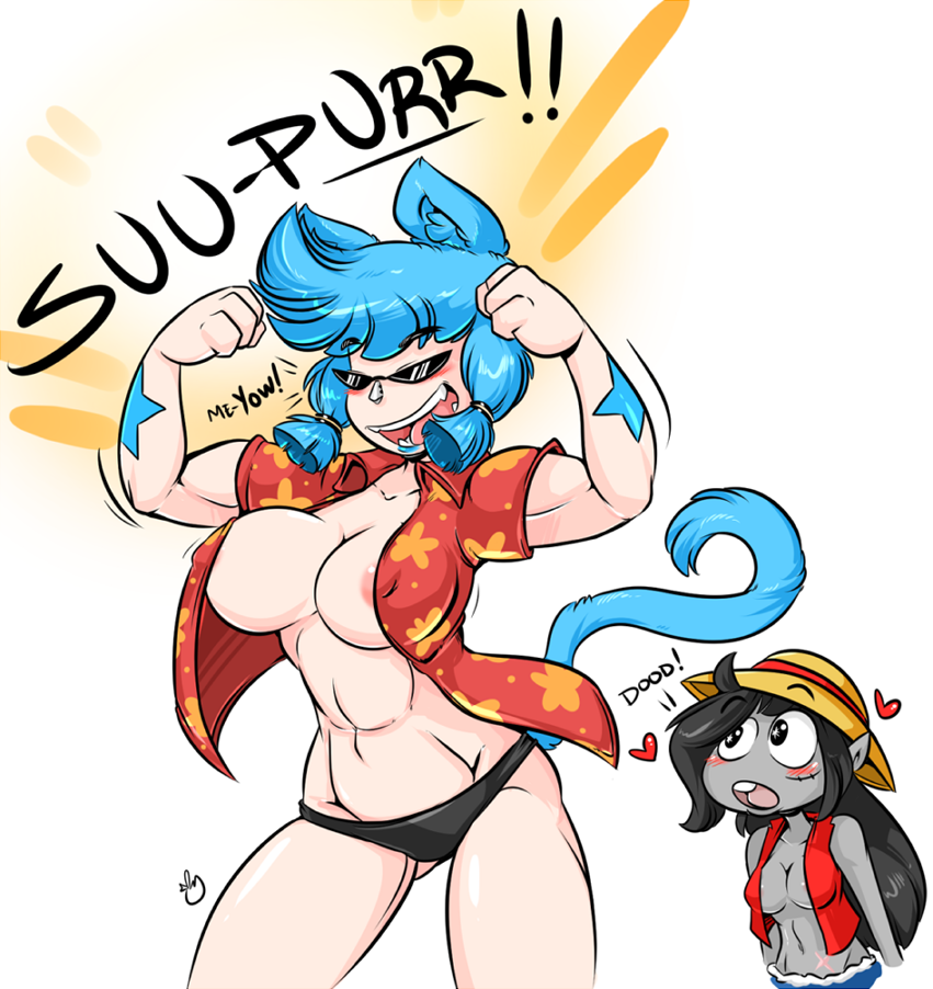 &lt;3 4_fingers animal_humanoid big_breasts bikini bikini_bottom biped black_eyebrows black_eyes black_hair blue_eyes blue_hair breasts cat_humanoid clothed clothing cosplay dark_elf duckdraw duo elf eyebrows eyewear feline flexing franky_(one_piece) hair hat humanoid inner_ear_fluff long_hair mammal monkey_d._luffy navel nipple_bulge one_piece open_mouth open_smile pale_skin pigtails pink_areola pink_tongue pointy_ears scar shirt short_hair simple_background skimpy smile snowy_(duckdraw) solo_focus star straw_hat sunglasses swimsuit tara_olphoros teeth tongue unbuttoned vest white_background