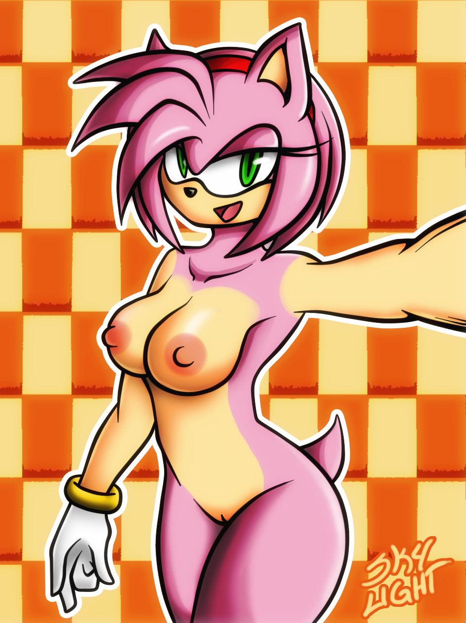 amy_rose anthro areola bracelet breasts clothing female fur gloves green_eyes hairband hedgehog jewelry looking_at_viewer mammal mostly_nude nipples no_navel open_mouth open_smile pattern_background pink_fur portrait pussy quills selfie signature simple_background skylight_(artist) smile solo sonic_(series) three-quarter_portrait