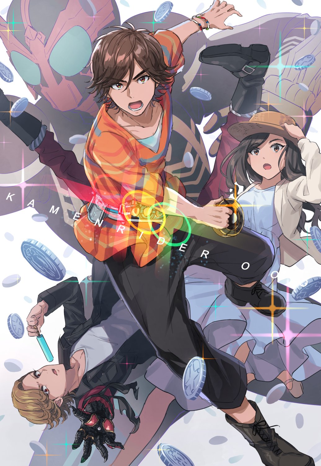 2boys ankh_(ooo) blonde_hair boots brown_hair cell_medal coin copyright_name core_medal dress food hat henshin highres hino_eiji izumi_hina jacket kamen_rider kamen_rider_ooo kamen_rider_ooo_(series) multiple_boys popsicle rider_belt shinonoko_(tubamecider) sparkle straw_hat