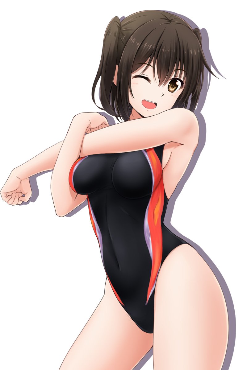 ;d black_hair black_swimsuit brown_eyes competition_swimsuit contrapposto covered_navel fuuma_nagi highleg highleg_swimsuit highres kantai_collection looking_at_viewer one-piece_swimsuit one_eye_closed open_mouth sendai_(kantai_collection) shadow simple_background smile solo standing stretch swimsuit two_side_up white_background