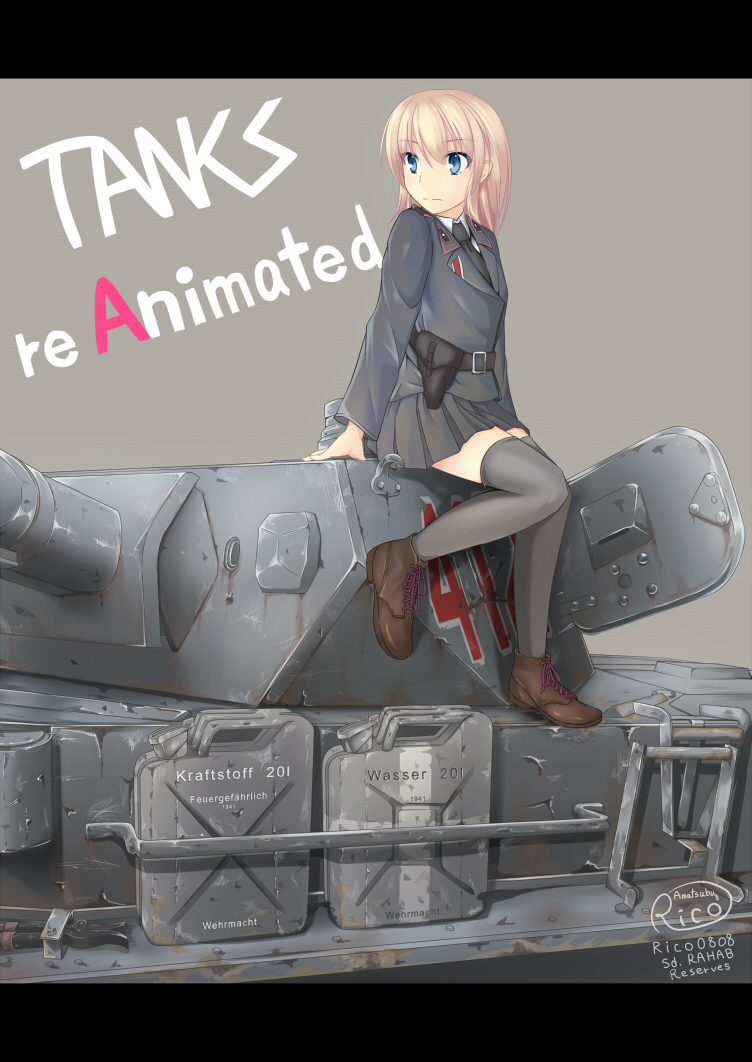 adapted_uniform arm_rest belt black_legwear blonde_hair blue_eyes commentary_request english grey_background ground_vehicle hatch holster jerry_can letterboxed long_hair looking_to_the_side military military_uniform military_vehicle motor_vehicle necktie original panzerkampfwagen_iv pleated_skirt rico_(remilia) signature skirt soldier tank thighhighs uniform world_of_tanks
