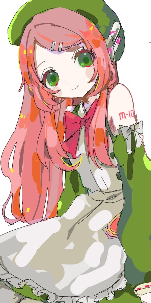 1girl apron bare_shoulders beret bow bowtie closed_mouth detached_sleeves dress ebi834 frilled_apron frills green_dress green_eyes green_hat green_sleeves hair_ornament hairclip hat long_hair long_sleeves momone_momo pink_hair red_bow red_bowtie ribbon-trimmed_sleeves ribbon_trim robot_ears shoulder_tattoo simple_background smile solo tattoo utau white_apron white_background