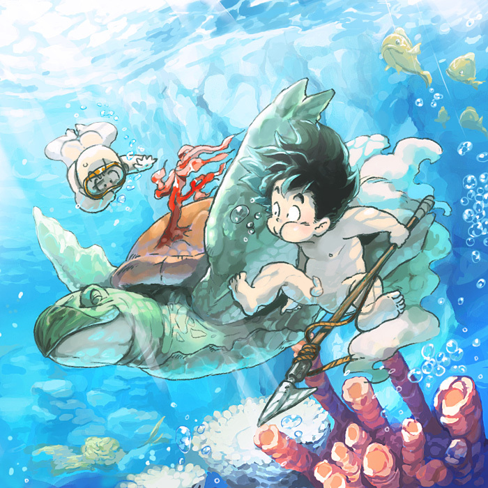 2boys bald barefoot black_hair bubble dragon_ball eyes_closed fish freediving goggles holding_breath kuririn makumaku multiple_boys nude penis polearm sea_turtle smile son_gokuu spear third-party_edit turtle turtle_(dragon_ball) umigame_(dragon_ball) uncensored underwater weapon younger