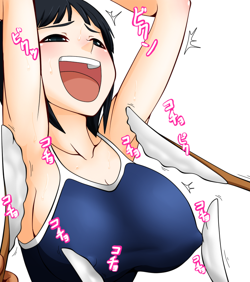 1girl armpits arms_up bangs bikkuru black_eyes black_hair blue_swimsuit blunt_bangs blush breasts cleavage collarbone disembodied_limb erect_nipples feather female half-closed_eyes holding japanese_text kirigaya_suguha large_breasts laughing matching_hair/eyes one-piece_swimsuit open_mouth short_hair simple_background smile solo sweat swimsuit sword_art_online teeth text_focus tickling translation_request trembling upper_body white_background