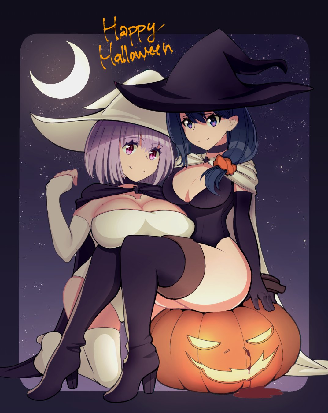 black_cape black_dress black_hair blood blue_eyes boots breast_rest breasts cape cleavage commentary crescent_moon detached_sleeves dress eyebrows_visible_through_hair fingerless_gloves formal gloves halloween halloween_costume happy_halloween high_heel_boots high_heels highres lavender_hair long_hair moon multiple_girls night night_sky orange_scrunchie psidubs pumpkin red_hair scrunchie shinjou_akane short_hair sitting sitting_on_object sky smile ssss.gridman star_(sky) starry_sky strapless strapless_dress takarada_rikka thigh_boots thighhighs thighs white_cape white_dress