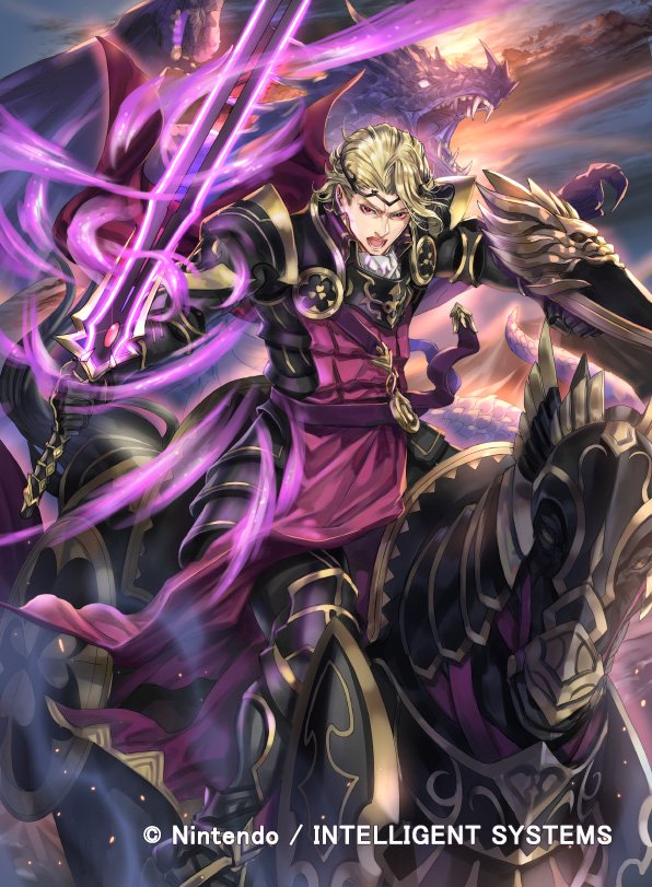 1boy armor armored_boots blonde_hair boots cape cloud copyright_name dragon fangs fire_emblem fire_emblem_cipher fire_emblem_if gloves kuroba.k male_focus marks_(fire_emblem_if) nintendo official_art open_mouth red_eyes shield sky sword teeth tiara weapon