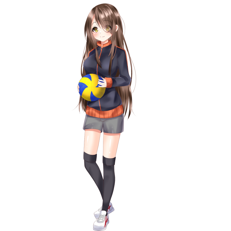 ball bangs black_jacket black_legwear blush breasts brown_eyes brown_hair closed_mouth commentary_request eyebrows_visible_through_hair eyes_visible_through_hair full_body grey_shorts hair_over_one_eye holding holding_ball jacket long_hair long_sleeves misaki_(misaki86) official_art rakkami! shoes short_shorts shorts sleeves_past_wrists small_breasts smile solo standing tachi-e thighhighs transparent_background very_long_hair white_footwear