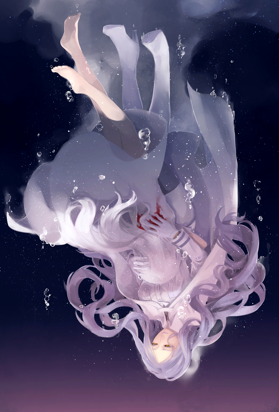 alison34607 asphyxiation bare_legs barefoot belinda_(unlight) black_sclera blood bubble cape commentary_request dress drowning floating_hair full_body gloves hand_on_another's_back hand_on_another's_head highres hug jacket long_hair long_sleeves looking_at_another multiple_girls purple_hair purple_lips short_sleeves sinking skirt smile underwater unlight water wavy_hair white_cape white_dress white_footwear white_gloves white_jacket white_legwear white_skirt yellow_eyes