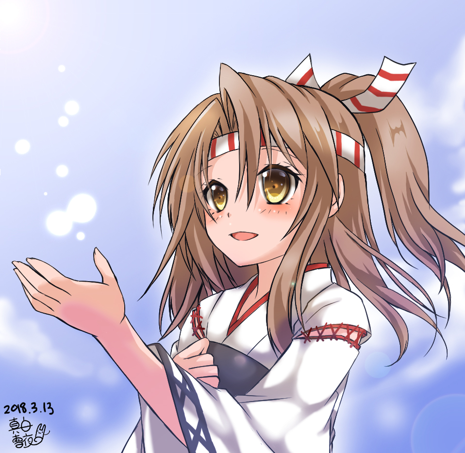 1girl blush commentary_request cross-laced_clothes dated detached_sleeves eyelashes headband kantai_collection light_brown_hair long_hair long_sleeves looking_up open_mouth outstretched_hand raised_eyebrows signature sketch_eyebrows solo striped_headband upper_body white_headband wide_sleeves yellow_eyes zuihou_(kantai_collection)