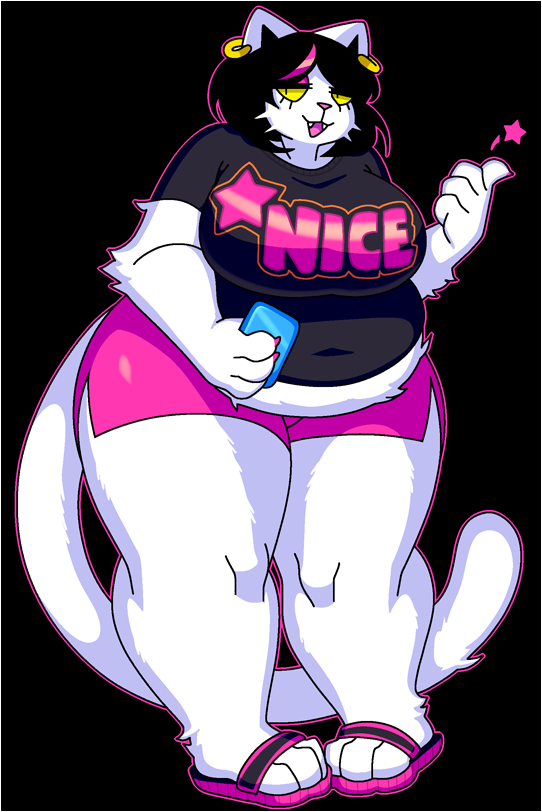2018 anthro big_breasts breasts cat catti_(deltarune) clothed clothing deltarune ear_piercing english_text feline female footwear hair half-closed_eyes highlights hypnofood mammal nails open_mouth phone piercing sandals sharp_teeth shirt shorts simple_background smile solo standing star teeth text thick_thighs thumbs_up undertale video_games whiskers wide_hips yellow_eyes