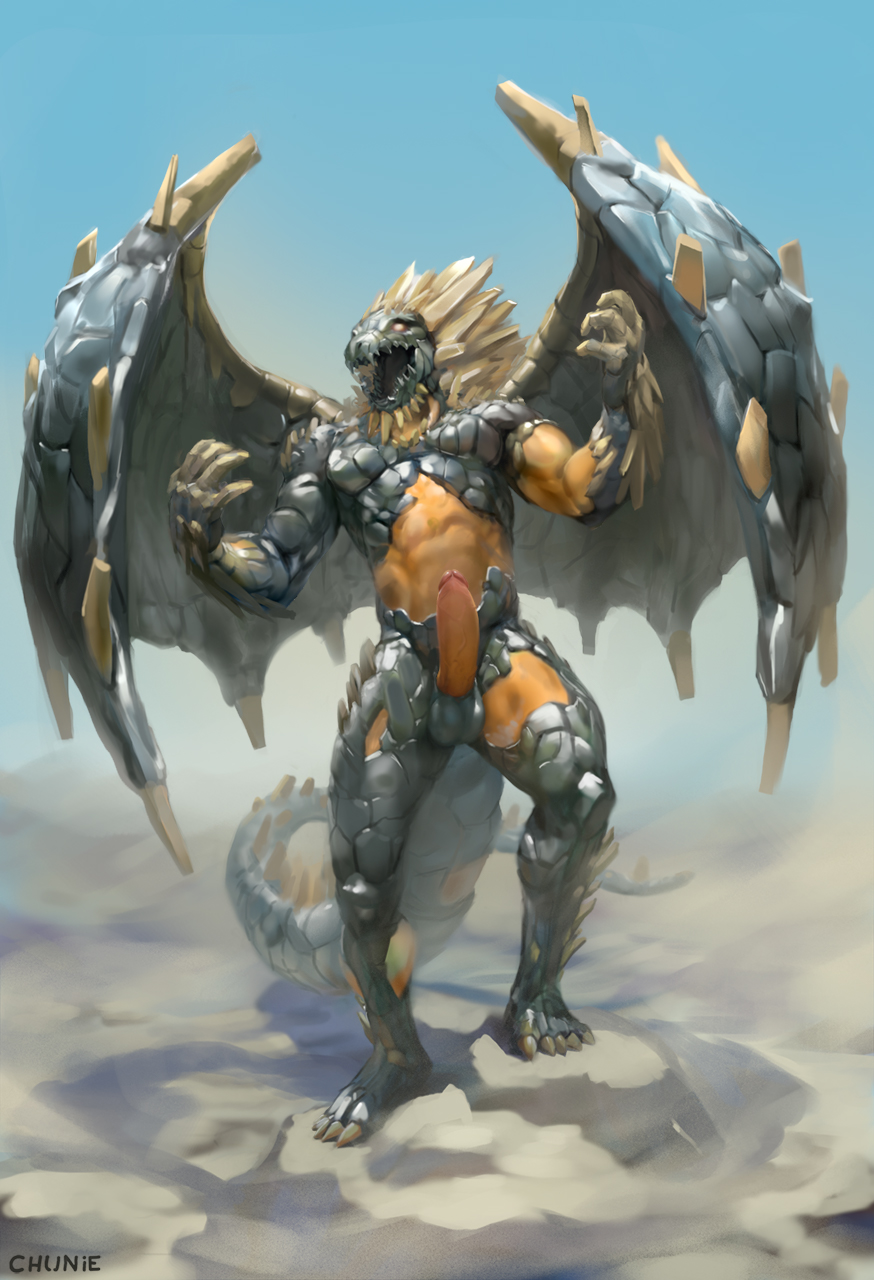 2018 anthro balls chunie claws detailed_background digital_media_(artwork) dragon erection glowing glowing_eyes hi_res humanoid_penis male muscular muscular_male nude open_mouth penis solo standing wings
