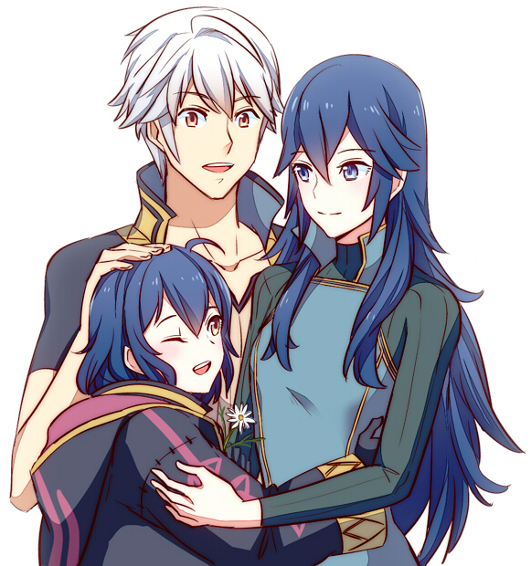 1girl 1other :d ;d androgynous blue_eyes blue_hair brown_eyes collarbone eyebrows_visible_through_hair fire_emblem fire_emblem:_kakusei hair_between_eyes hand_on_another's_head long_hair long_sleeves lucina male_my_unit_(fire_emblem:_kakusei) mark_(fire_emblem) mejiro my_unit_(fire_emblem:_kakusei) one_eye_closed open_mouth short_sleeves silver_hair simple_background smile very_long_hair white_background