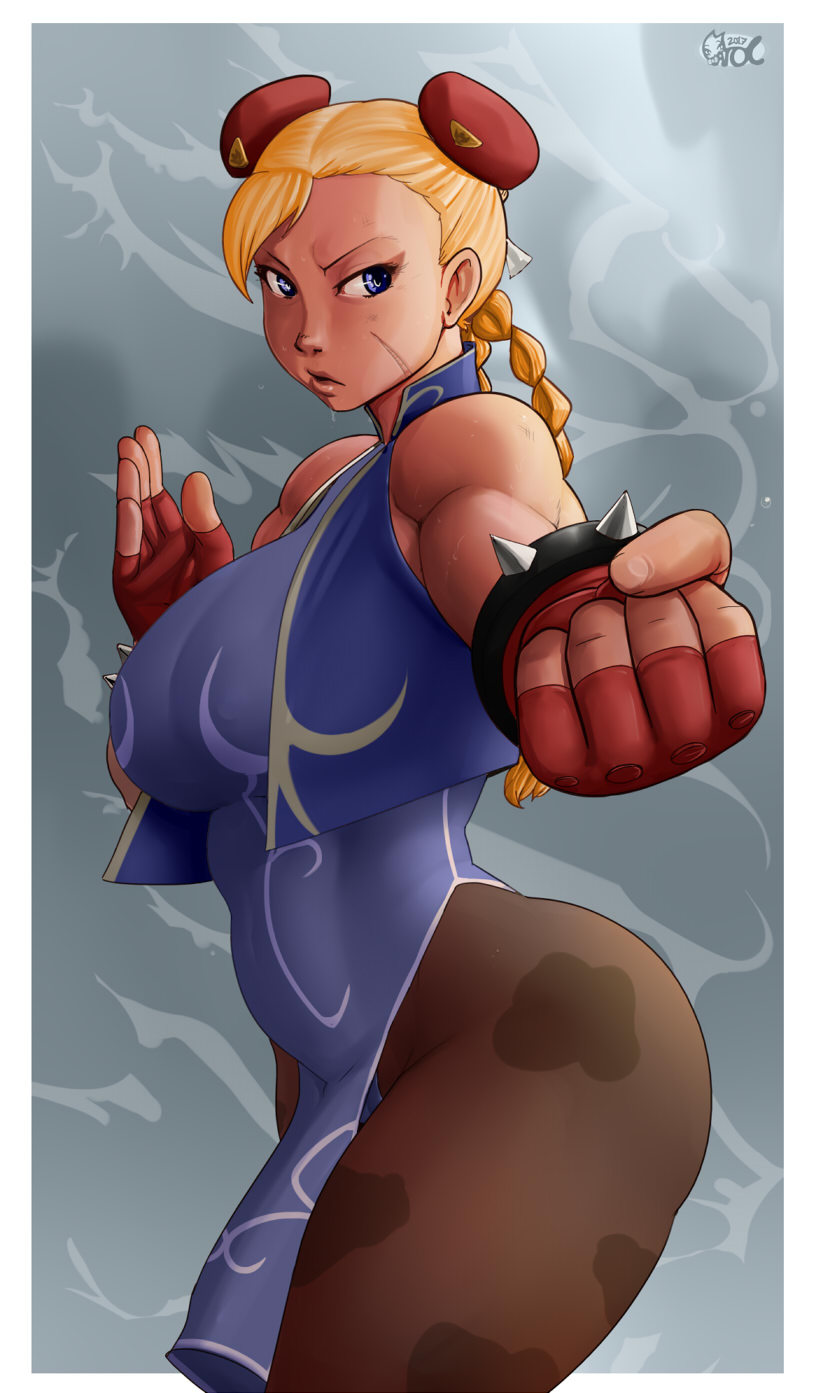 adapted_costume blonde_hair blue_dress blue_eyes bracelet braid breasts bun_cover cammy_white camouflage chinese_clothes chun-li chun-li_(cosplay) commentary_request cosplay double_bun dress facial_scar fighting_game fighting_stance fingerless_gloves gloves highres hips hybrid jewelry long_hair looking_at_viewer matoc pantyhose red_gloves scar scar_on_cheek sleeveless sleeveless_dress solo spiked_bracelet spikes street_fighter thick_thighs thighs tumblr twin_braids very_long_hair vest