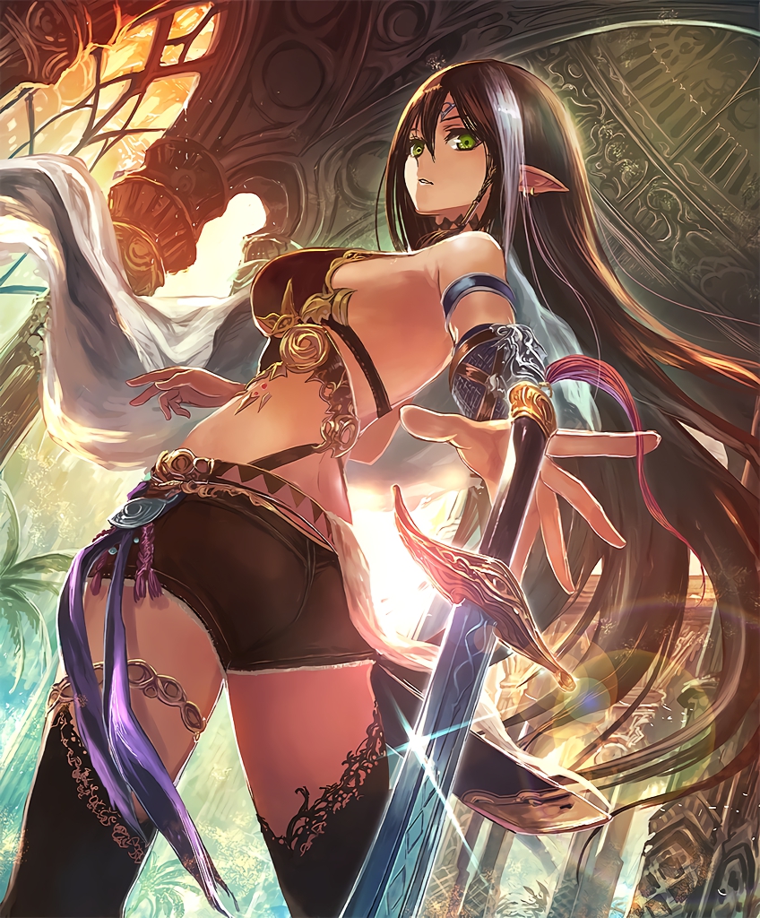 artist_request ass brown_hair cygames earrings gold_trim green_eyes indoors jewelry long_hair looking_at_viewer looking_back multicolored_hair official_art parted_lips pointy_ears revealing_clothes shadowverse shorts solo streaked_hair sword temple thighhighs underworld_ruler_aisha very_long_hair weapon white_hair