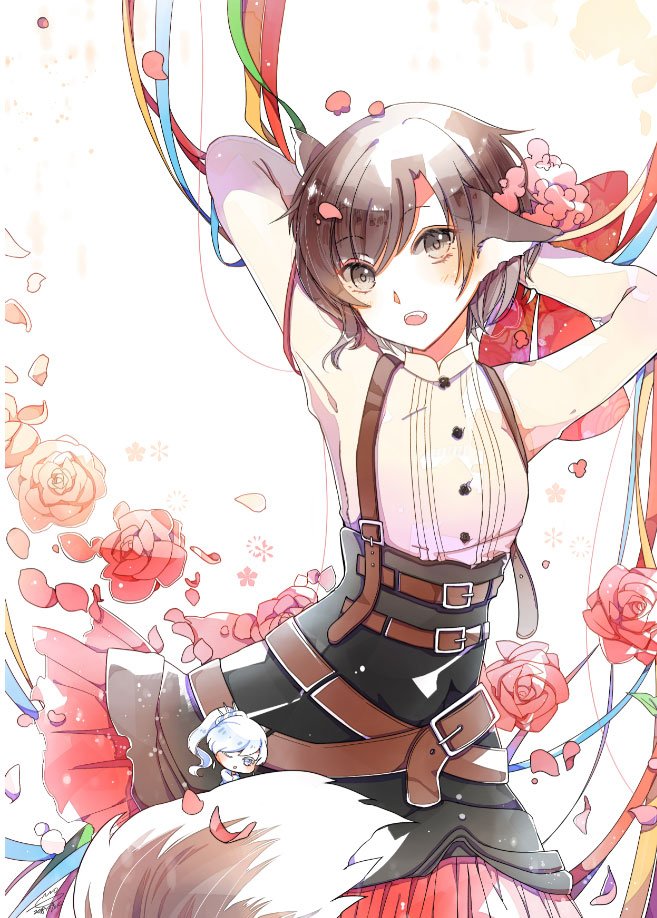 animal_ears blue_ribbon brown_eyes brown_hair corset dress_shirt emo_(ricemo) eyebrows_visible_through_hair flower hands_in_hair long_sleeves looking_at_viewer open_mouth red_flower red_ribbon red_rose red_skirt ribbon rose ruby_rose rwby shirt short_hair skirt solo tail weiss_schnee white_background white_shirt