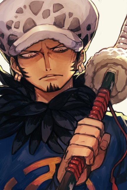 black_hair earrings facial_hair goatee hankuri hat holding holding_weapon jewelry katana looking_at_viewer male_focus one_piece sheath sheathed simple_background solo sword trafalgar_law weapon white_background