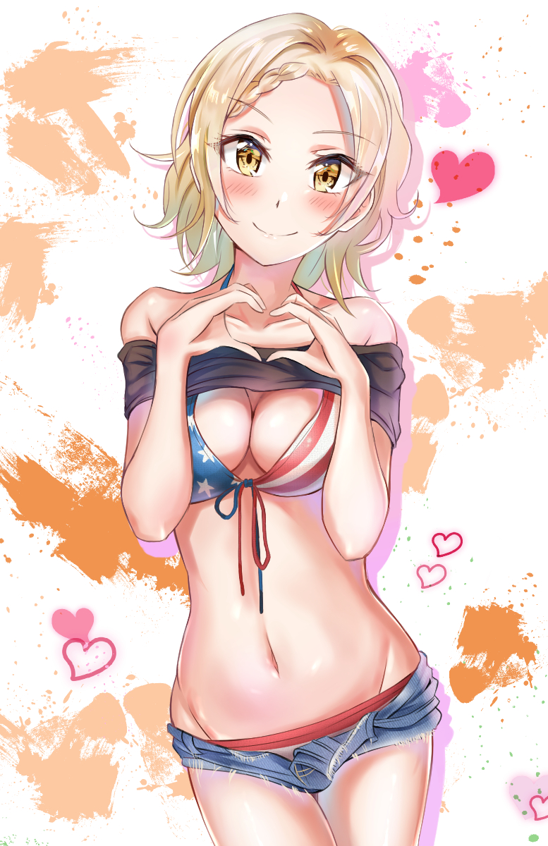 american_flag_bikini arms_up bare_shoulders bikini blonde_hair blush braid breast_squeeze breasts cleavage commentary_request denim denim_shorts eyebrows_visible_through_hair flag_print gyaru head_tilt heart heart_hands highres looking_at_viewer love_live! miyashita_ai navel perfect_dream_project shirt_lift shorts simple_background smile solo standing swimsuit yamamoto_chavez yellow_eyes