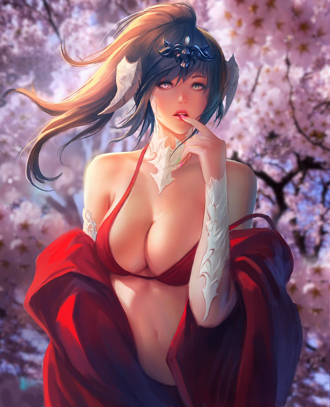 au_ra bikini blurry blurry_background bra breasts brown_hair cherry_blossoms cleavage commentary cowboy_shot day dragon_horns english_commentary final_fantasy final_fantasy_xiv finger_to_mouth fingernails headgear heterochromia highres horns large_breasts lips long_hair looking_at_viewer navel nguyen_uy_vu off_shoulder open_mouth ponytail realistic red_bikini red_bra scales sidelocks solo standing strap_slip sunlight swimsuit underwear upper_body wind