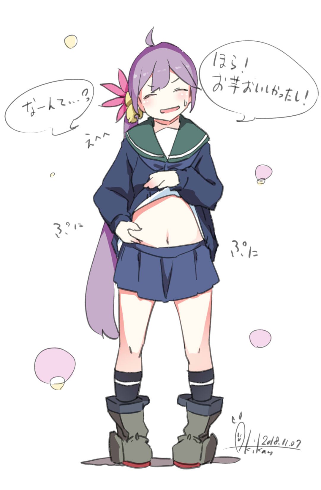 ahoge akebono_(kantai_collection) belly_grab cardigan hair_between_eyes hair_ornament highres inica kantai_collection long_hair navel pinching pleated_skirt purple_hair shirt skirt socks solo translation_request very_long_hair weight_conscious