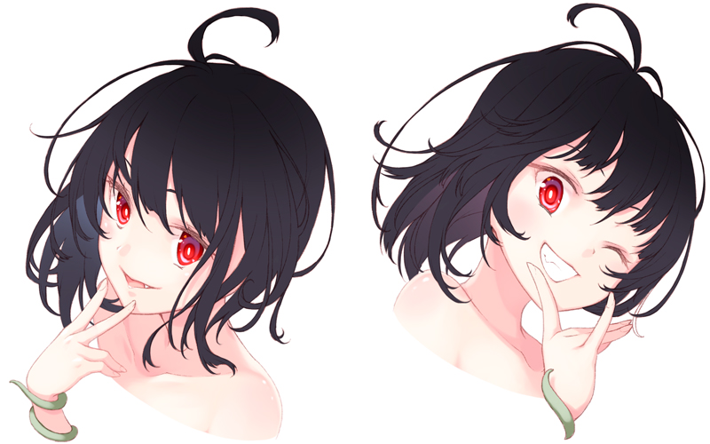 ;) \n/ ahoge bangs black_hair collarbone commentary_request fang floating_hair grin hand_up houjuu_nue midorino_eni multiple_views nude one_eye_closed parted_lips portrait red_eyes simple_background smile snake teeth touhou v white_background