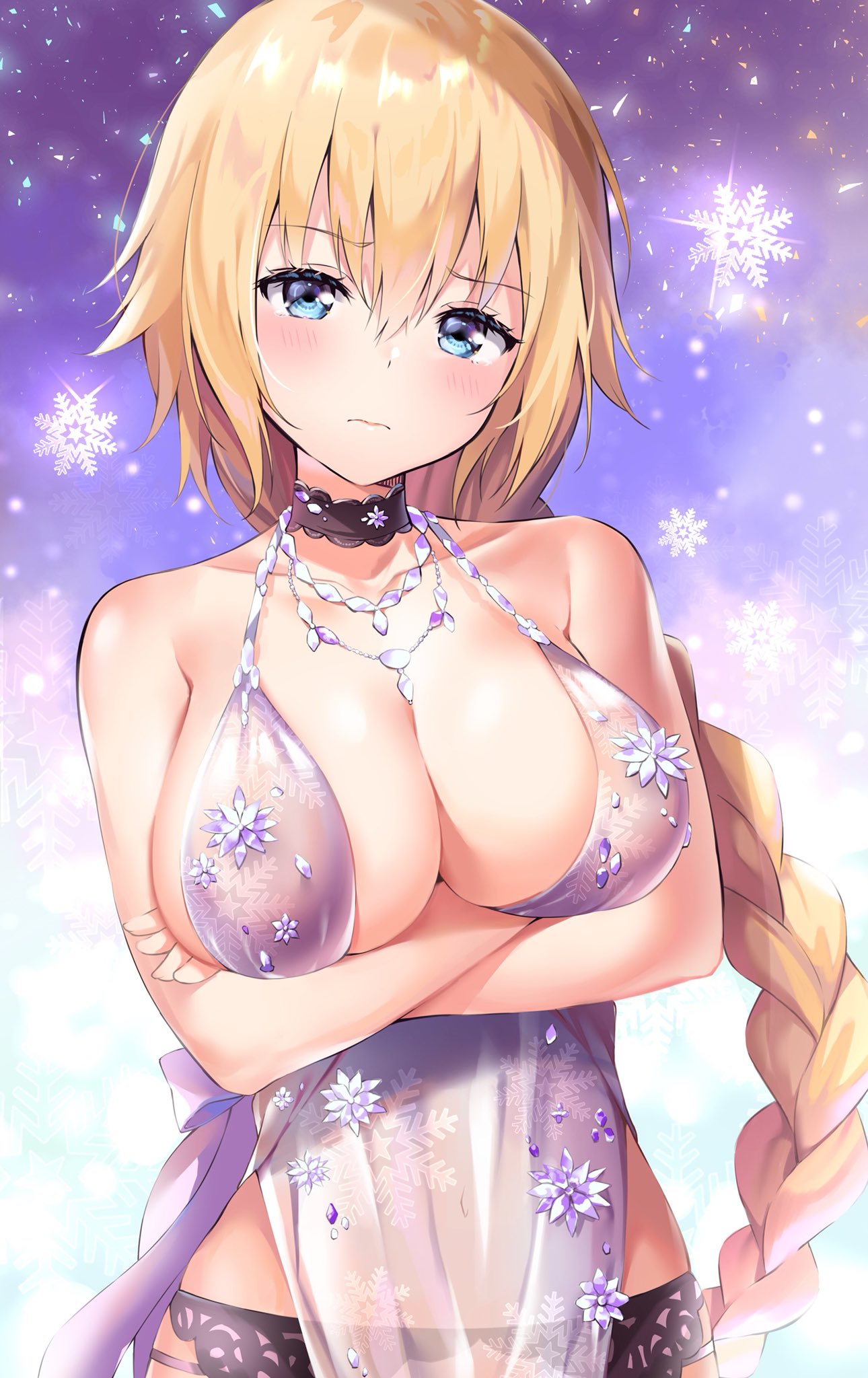 3: ale_nqki artoria_pendragon_(all) artoria_pendragon_(lancer_alter) artoria_pendragon_(lancer_alter)_(cosplay) bare_shoulders blush braid breast_hold breasts choker cleavage commentary_request cosplay covered_navel crossed_arms embarrassed eyebrows_visible_through_hair fate/grand_order fate_(series) garter_belt halterneck head_tilt highres jeanne_d'arc_(fate) jeanne_d'arc_(fate)_(all) jewelry large_breasts long_hair looking_at_viewer navel necklace royal_icing see-through single_braid snowflakes solo