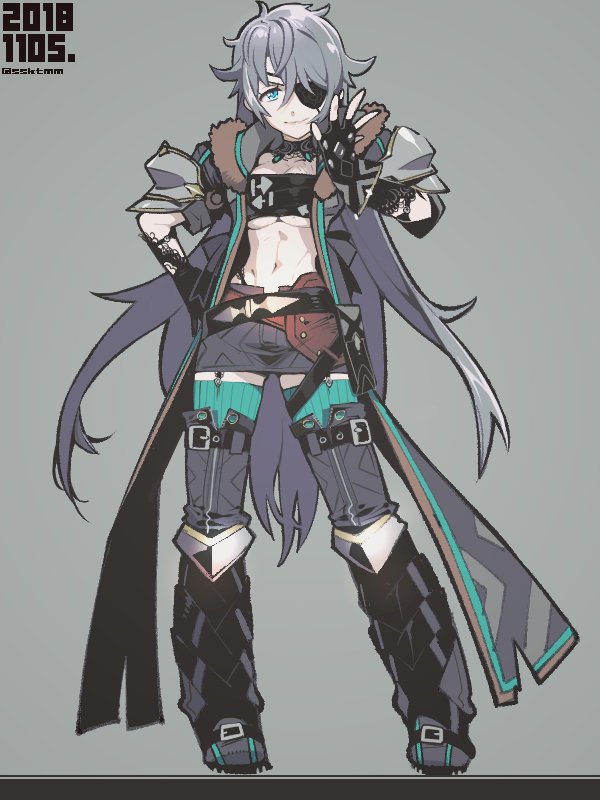 armor curly_hair eyepatch fingerless_gloves fujimoto_hideaki genderswap genderswap_(mtf) gloves jacket long_hair navel silver_hair skirt smile solo xenoblade_(series) xenoblade_2 zeke_b_arutimetto_genbu