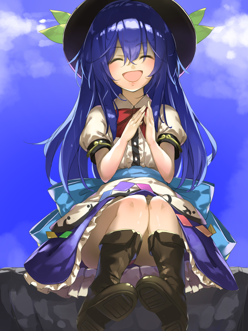 ^_^ blue_hair blue_ribbon blue_skirt blue_sky boots closed_eyes cloud commentary_request day dress eyebrows_visible_through_hair facing_viewer hair_between_eyes hands_up hat hinanawi_tenshi knees_together layered_dress leaf long_hair open_mouth piyodesu puffy_short_sleeves puffy_sleeves red_neckwear red_ribbon ribbon shiny shiny_hair short_sleeves sitting skirt sky smile solo touhou very_long_hair