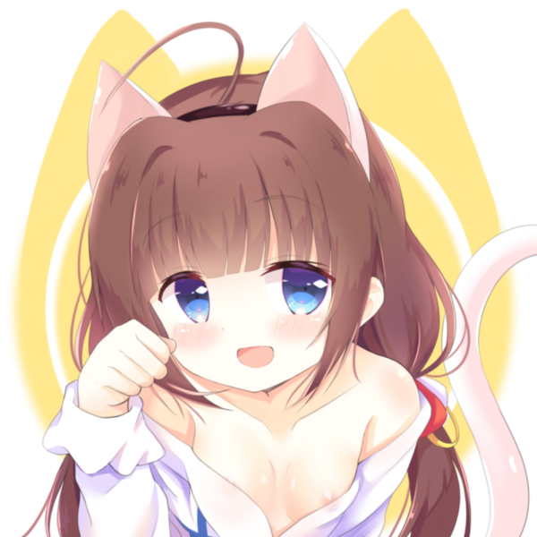 :d ahoge animal_ears areola_slip areolae bangs black_hairband blue_eyes blush breasts brown_hair cat_ears cat_girl cat_tail collarbone commentary commission dress eyebrows_visible_through_hair hairband hand_up head_tilt hinatsuru_ai kittipat_jituatakul long_hair long_sleeves low_twintails off_shoulder open_mouth paw_pose ryuuou_no_oshigoto! small_breasts smile solo tail tail_raised twintails upper_body white_dress