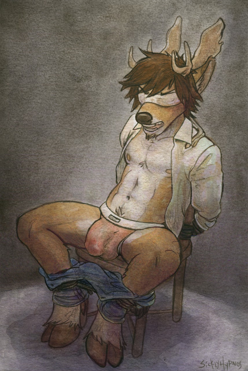 2015 abs anthro antlers blind_folded brown_hair bulge cervine chair chair_bondage clothed clothing cloven_hooves facial_hair goatee hair hands_bound hooves horn jegermaistro jockstrap male mammal navel nipples open_mouth open_shirt pants_down partially_clothed pecs penis_outline sicklyhypnos solo submissive_male underwear