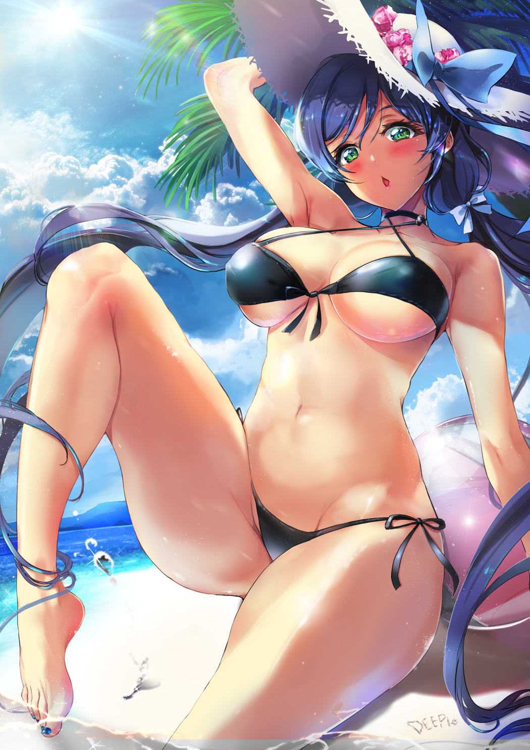 arm_support armpits ball bangs bare_legs barefoot beach beachball bikini black_bikini blue_nails blue_sky blush breasts cloud commentary covered_nipples criss-cross_halter day deeple front-tie_bikini front-tie_top green_eyes halterneck hat hat_ribbon highres knee_up large_breasts long_hair looking_at_viewer love_live! love_live!_school_idol_project low_twintails nail_polish navel ocean open_mouth outdoors palm_tree purple_hair ribbon sand shiny shiny_skin side-tie_bikini sidelocks sitting skindentation sky solo stomach sun sun_hat sunlight swimsuit tareme thighs toenail_polish toujou_nozomi tree twintails water_drop white_hat