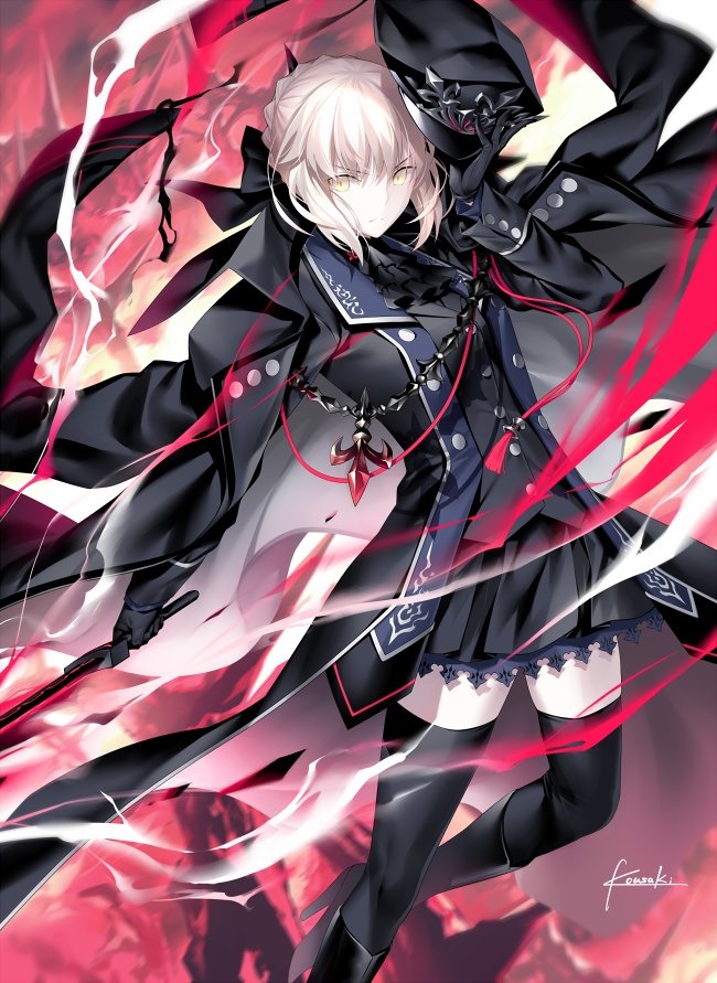 artoria_pendragon_(all) ascot aura bangs black_coat black_footwear black_gloves black_hat black_legwear black_vest blonde_hair blue_shirt boots braid breasts coat commentary_request crown_braid dark_excalibur expressionless eyebrows_visible_through_hair fate/grand_order fate_(series) gloves glowing glowing_weapon hat hat_removed headwear_removed high_heel_boots high_heels holding holding_hat holding_sword holding_weapon jacket_on_shoulders knee_boots kousaki_rui long_hair long_sleeves looking_at_viewer medium_breasts open_clothes open_coat peaked_cap saber_alter shirt sidelocks signature solo sword thighhighs v-shaped_eyebrows vest weapon wind wind_lift yellow_eyes