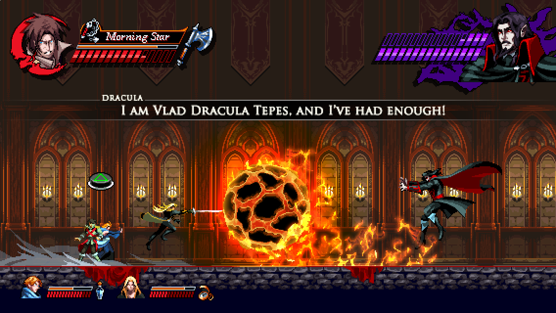3boys alucard_(castlevania) axe back-to-back battle black_cape black_hair blonde_hair boots brown_hair candelabra cape castlevania castlevania_(netflix) chain_whip character_name character_portrait cloak coat commentary dracula english english_commentary facial_hair fire fireball floating gameplay_mechanics glass_bottle goatee hallway health_bar jewelry kradakor locket long_coat magic medium_hair multiple_boys mustache outstretched_arms pendant pixel_art pointy_ears ralph_c_belmondo short_hair sword sypha_belnades triangle vampire weapon whip