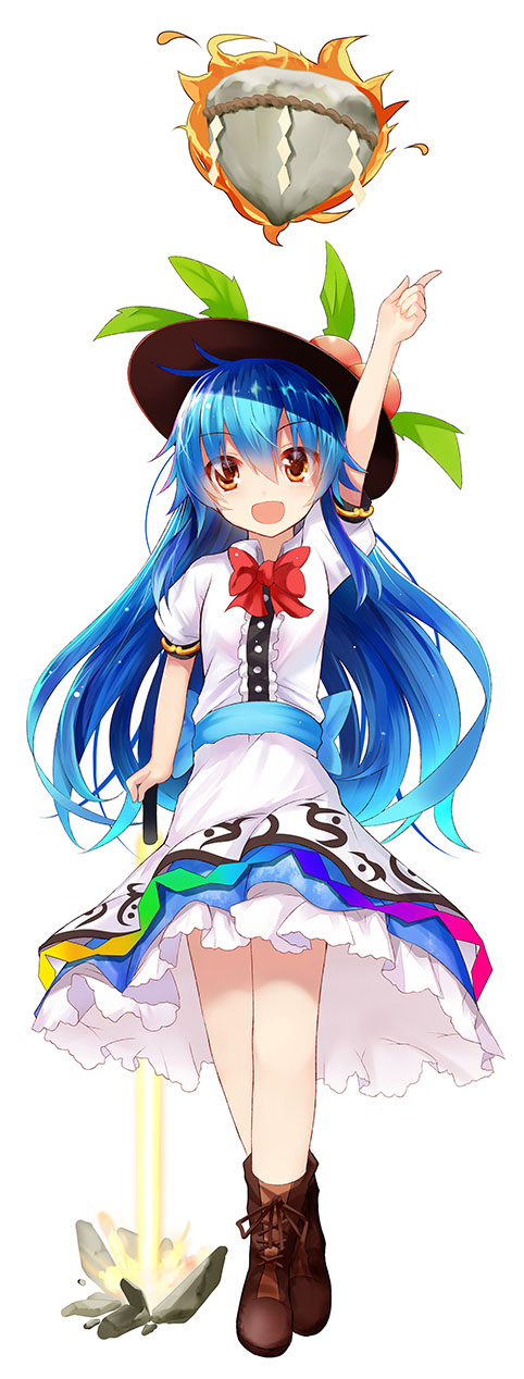 arm_up bangs black_hat blue_hair blue_ribbon blue_skirt bow bowtie brown_footwear buttons cross-laced_footwear dress dress_shirt efe eyebrows_visible_through_hair fire food frills fruit full_body hat highres hinanawi_tenshi index_finger_raised keystone leaf long_hair looking_at_viewer neck_ribbon open_mouth orange_eyes peach petticoat puffy_short_sleeves puffy_sleeves rainbow_gradient rainbow_order red_bow red_neckwear ribbon sash shirt shoes short_sleeves skirt smile solo standing sword_of_hisou touhou white_shirt wing_collar