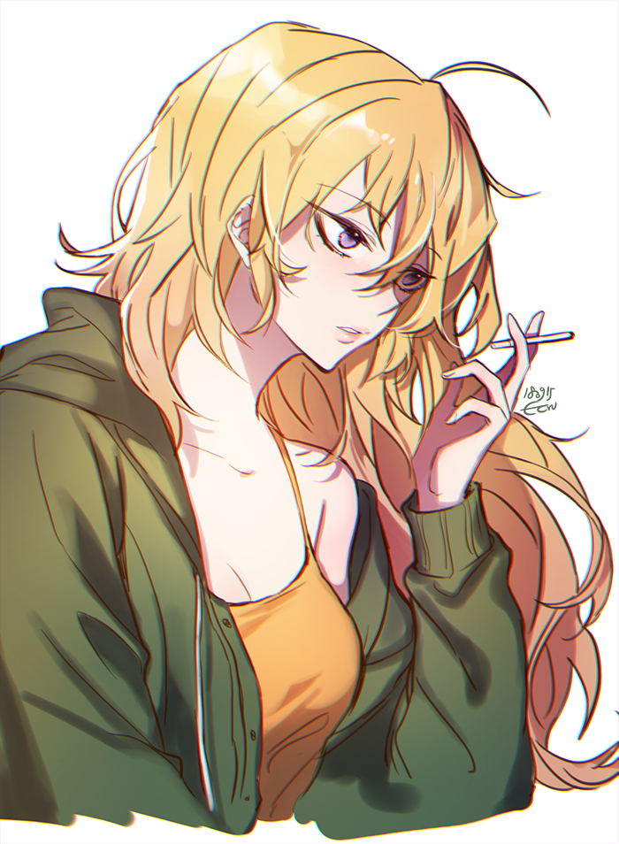ahoge blonde_hair breasts cardigan cleavage collarbone cropped_torso dated ecru eyebrows_visible_through_hair green_cardigan hair_between_eyes holding long_hair medium_breasts open_cardigan open_clothes parted_lips purple_eyes rwby shirt signature simple_background sleeveless sleeveless_shirt solo upper_body white_background yang_xiao_long yellow_shirt