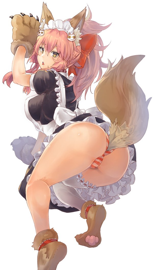 animal_ear_fluff animal_ears apron ass bangs bow breasts cat_hair_ornament cat_paws collar commentary_request dress eyebrows_visible_through_hair fate/extra fate/grand_order fate_(series) fox_ears fox_tail frills gloves hair_between_eyes hair_bow hair_ornament hips large_breasts legs long_hair looking_at_viewer looking_back maid maid_apron maid_headdress open_mouth panties paw_gloves paw_shoes paws pink_hair ponytail puffy_short_sleeves puffy_sleeves red_bow red_panties shoes short_sleeves sidelocks simple_background single_thighhigh solo striped striped_panties sumisu_(mondo) tail tamamo_(fate)_(all) tamamo_cat_(fate) thighhighs thighs underwear white_background white_legwear yellow_eyes