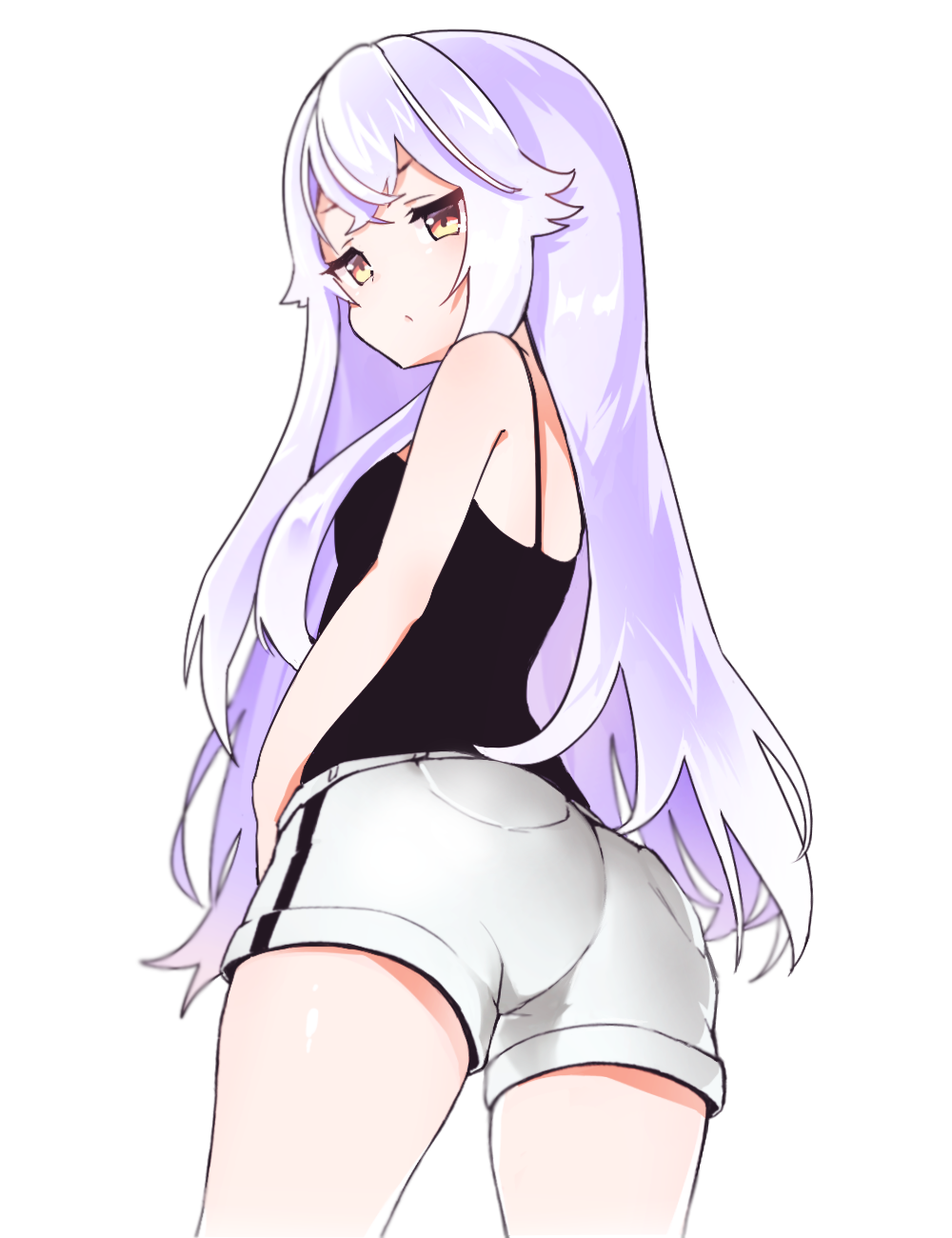 1girl ass azuma_lim azuma_lim_channel bangs bare_arms bare_shoulders black_camisole blush brown_eyes camisole closed_mouth commentary_request cowboy_shot eyebrows_behind_hair from_behind highres long_hair looking_at_viewer looking_back purple_hair short_shorts shorts simple_background solo very_long_hair virtual_youtuber white_background white_shorts