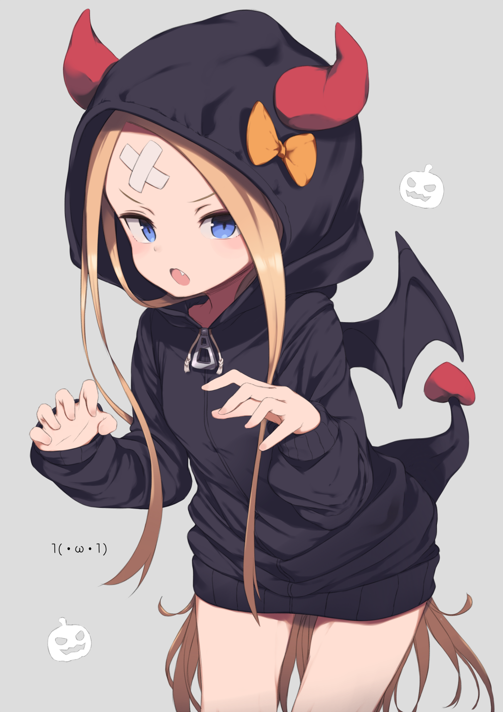 :o abigail_williams_(fate/grand_order) bandaid_on_forehead bangs black_hoodie blonde_hair blue_eyes blush bow claw_pose commentary crossed_bandaids demon_hood demon_horns demon_tail demon_wings fake_horns fake_tail fake_wings fang fate/grand_order fate_(series) gamuo halloween highres hood hood_up hoodie horns jack-o'-lantern long_hair long_sleeves looking_at_viewer orange_bow parted_bangs simple_background sleeves_past_wrists solo tail v-shaped_eyebrows very_long_hair wings zipper_pull_tab
