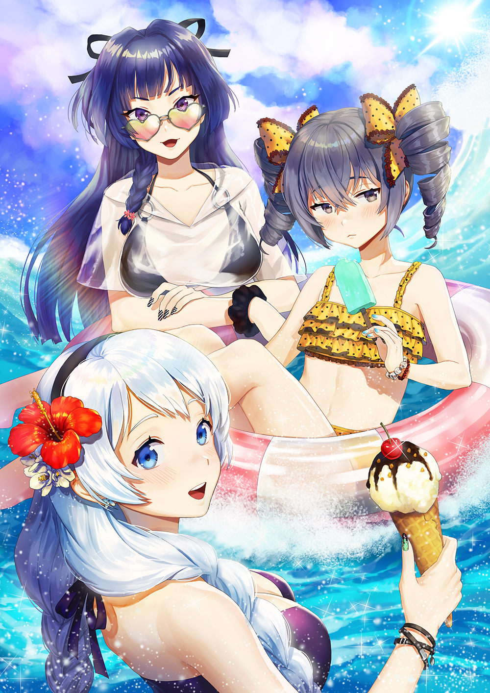 aqua_nails bangs bare_shoulders bikini black_bikini black_nails black_ribbon blue_eyes blue_sky blush bow bracelet braid breasts bronya_zaychik cherry cleavage closed_mouth cloud collarbone commentary_request day drill_hair earrings eyebrows_visible_through_hair flower food frilled_bikini frills fruit green_nails hair_between_eyes hair_bow hair_flower hair_ornament hairband halter_top halterneck heart heart-shaped_eyewear hibiscus highres holding holding_food honkai_impact ice_cream_cone innertube jewelry kiana_kaslana large_breasts long_hair looking_at_viewer medium_breasts multiple_girls nail_polish navel noixen o-ring o-ring_top ocean open_mouth outdoors polka_dot polka_dot_bikini ponytail popsicle purple_bikini purple_eyes purple_hair raiden_mei reclining ribbon scrunchie see-through shirt side_braid sidelocks silver_hair sky small_breasts smile sparkle splashing stomach striped_nails sun sunglasses swimsuit twin_braids twin_drills twintails very_long_hair wading waves wrist_scrunchie wristband yellow_bikini