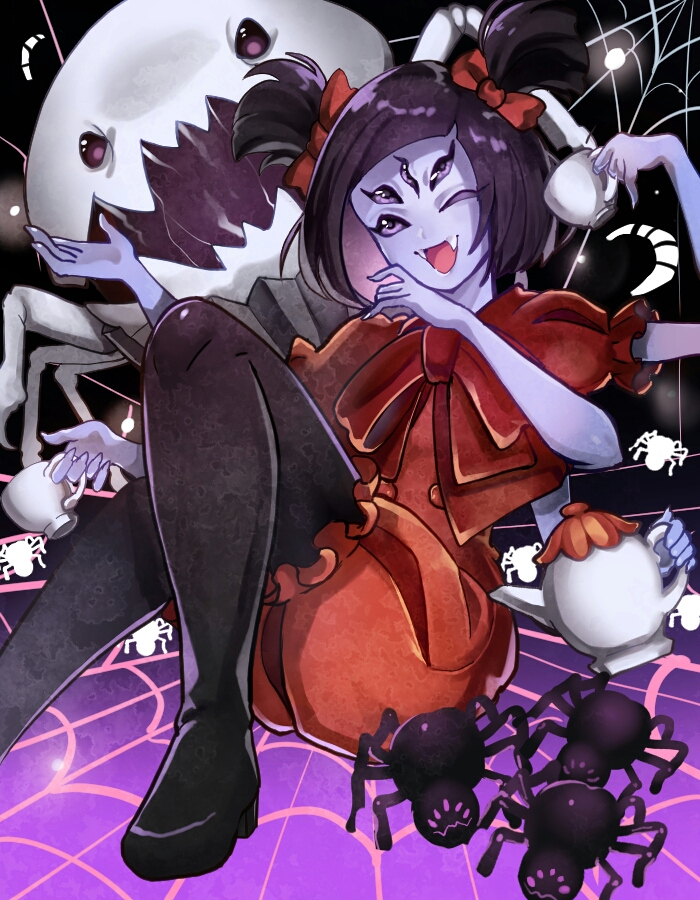 black_background black_hair black_legwear bow bug commentary_request cup dress extra_eyes fangs food hair_bow hand_up insect_girl looking_at_viewer monster_girl muffet muffet's_pet multiple_arms open_mouth pantyhose puffy_short_sleeves puffy_sleeves purple_skin red_bow red_dress ribbon short_hair short_sleeves short_twintails silk sitting smile solo spider spider_girl spider_web teacup teapot twintails two_side_up undertale
