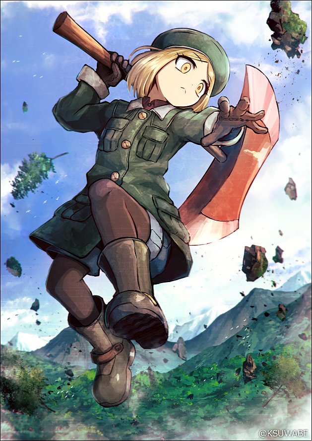 axe bangs blonde_hair blue_sky boots cloud coat commentary_request day eyebrows_visible_through_hair fate/grand_order fate_(series) forest giantess gloves hat jumping kei-suwabe long_sleeves mountain nature outdoors pantyhose parted_bangs paul_bunyan_(fate/grand_order) shorts sky solo tree twitter_username yellow_eyes