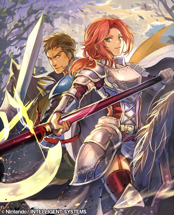 1girl breastplate brown_hair faulds fire_emblem fire_emblem:_souen_no_kiseki fire_emblem_cipher garter_straps green_eyes greil holding holding_polearm holding_sword holding_weapon long_hair looking_at_viewer nij_24 official_art outdoors poleaxe ponytail red_hair red_legwear riding shoulder_armor smile spaulders sword thighhighs tiamat_(fire_emblem) weapon