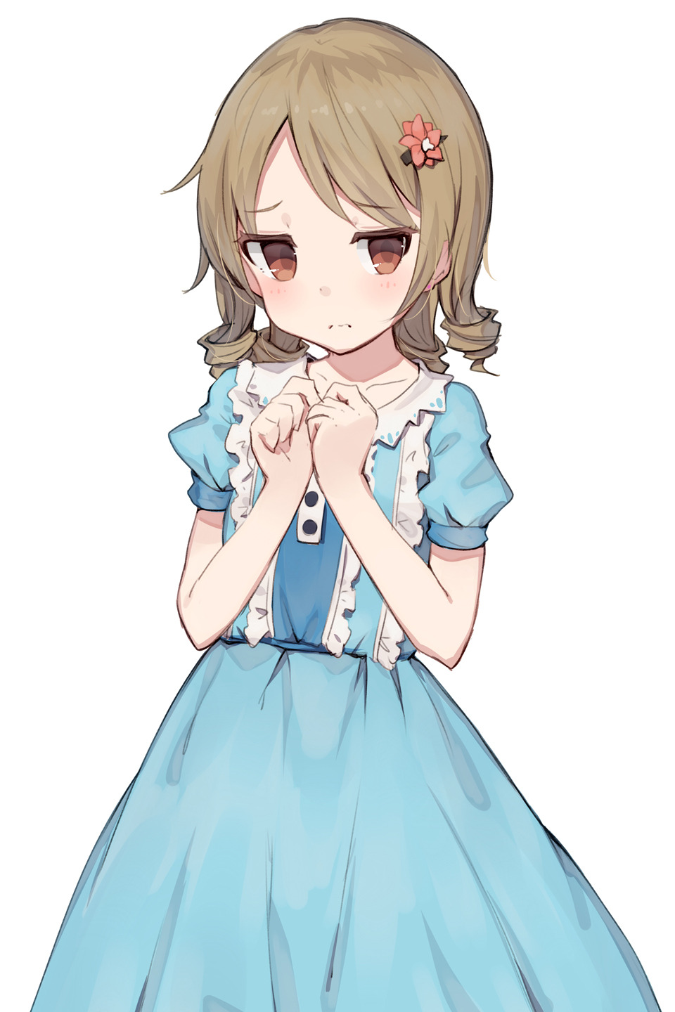 3: blue_dress brown_hair dress drill_hair eyebrows_visible_through_hair flower frills frown hair_flower hair_ornament hairclip hands_together hands_up highres idolmaster idolmaster_cinderella_girls long_dress long_hair looking_at_viewer morikubo_nono puffy_short_sleeves puffy_sleeves shone short_sleeves simple_background solo white_background