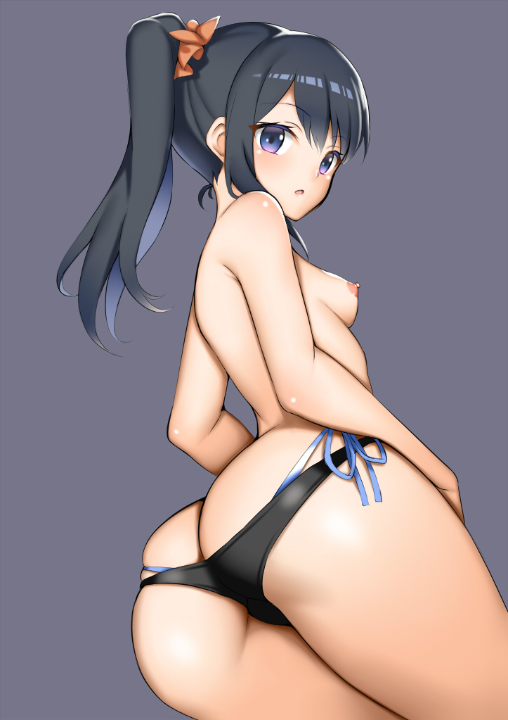 ass bikini bikini_top_removed black_hair blue_eyes breasts covered_nipples cowboy_shot long_hair looking_at_viewer looking_back nipples open_mouth ponytail purple_background scrunchie side-tie_bikini simple_background skindentation small_breasts solo ssss.gridman swimsuit takarada_rikka topless toshishikisai