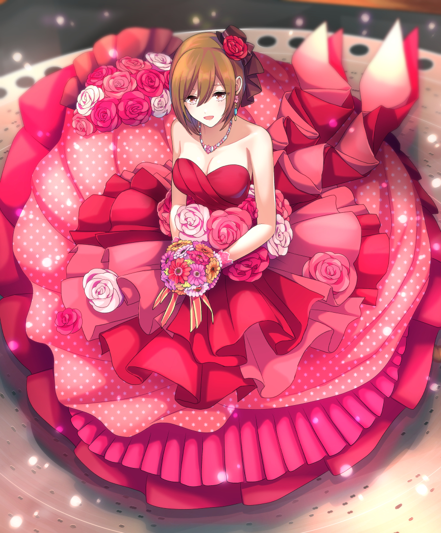 :d akiyoshi_(tama-pete) blurry bouquet breasts brown_hair depth_of_field dress earrings eyebrows_visible_through_hair flower frilled_dress frills from_above full_body gloves hair_flower hair_ornament happy hat jewelry light_smile looking_at_viewer looking_up meiko necklace open_mouth orange_flower pink_dress pink_flower pink_gloves pink_rose polka_dot polka_dot_dress purple_flower red_eyes red_flower red_rose ribbon rose short_hair sleeveless sleeveless_dress smile solo vocaloid white_flower